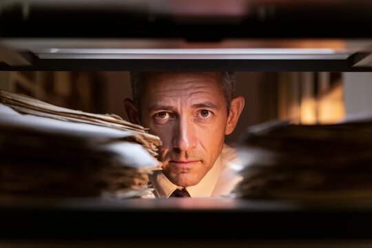 Man scanning old documents in archive office with overhead scanner