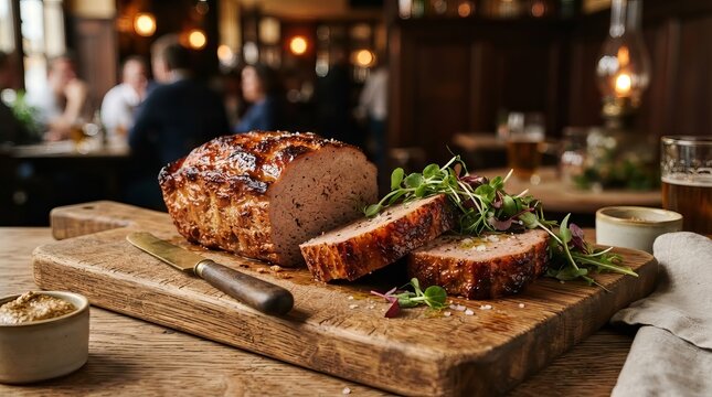 Sliced roasted meatloaf with fresh herb garnish on wooden cutting board in cozy pub restaurant. Traditional comfort food and hearty dinner concept for menu and culinary design