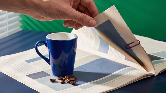 Hand flipping through a newspaper with coffee cup and beans on table  