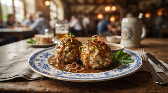 Traditional Bavarian bread dumpling with gravy and fried onion on plate in beer hall restaurant. Authentic German cuisine and Oktoberfest food concept for culinary travel and menu design.