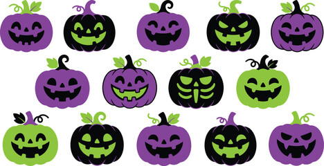 Fototapeta premium Set of Halloween Jack-o-lantern pumpkins in purple, black and neon green colors