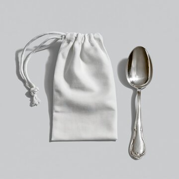 Silver-Plated Spoon with Tarnish Cloth Pouch on Gray Background