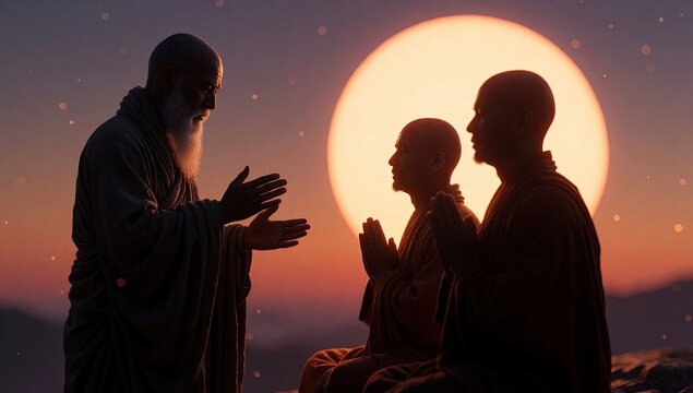 Buddhist master teaching monks at sunset, spiritual wisdom and meditation concept, silhouette style
