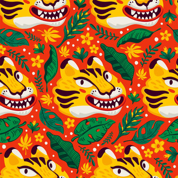 Asian seamless pattern with large tiger faces on green background. Drag to swatches panel to use