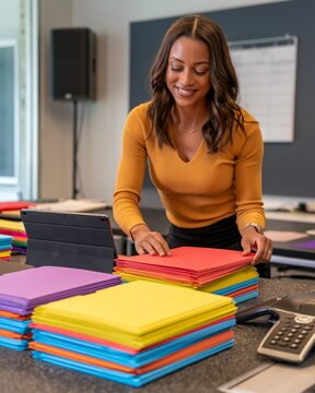 Businesswoman organizing colorful folders during quarterly action item cleanup