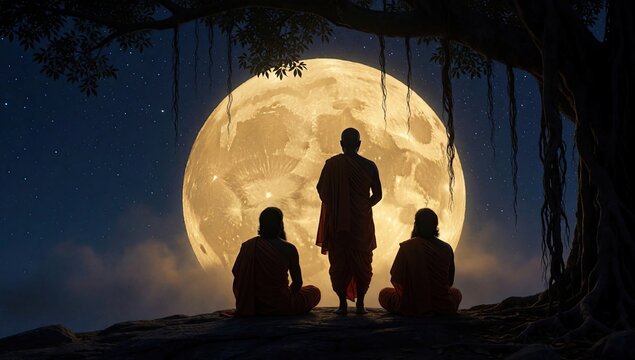 Buddhist monks meditating under tree silhouette against giant full moon night sky, spiritual enlightenment and peace concept