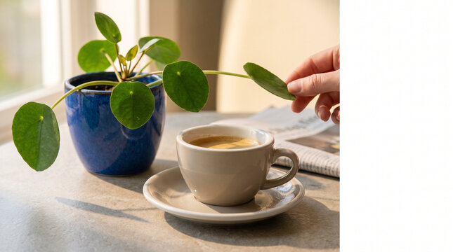 Coffee cup on a table with a small plant beside it  