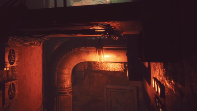 A dimly lit corridor shows pipes and machinery along the walls. The light reflects off metal surfaces. A green light can be seen in the distance, suggesting activity beyond the frame.