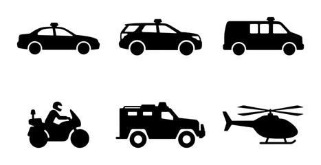 Police Vehicle Icons Set: Car, SUV, Van, Motorcycle, Armored Truck, Helicopter, Law Enforcement © Kabita