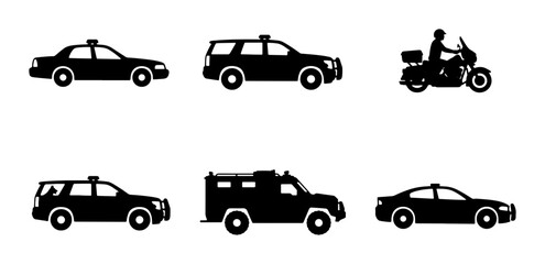 Police Vehicle Icons: Patrol Cars, SUV, Motorcycle, Armored Truck, Sedan © Kabita