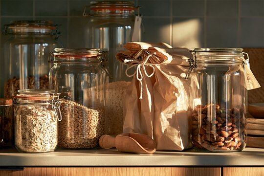Glass Pantry Jars and Paper Bags with Wooden Scoop on Kitchen Shelf