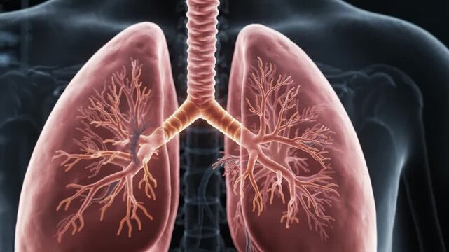 Human respiratory system anatomy showing lungs and bronchi visualization