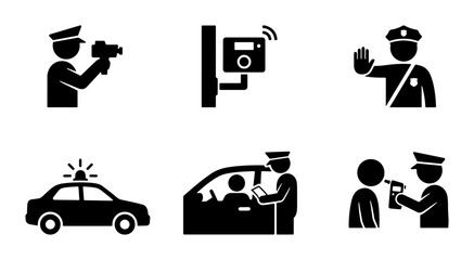 Police Traffic Enforcement Icons: Speed Camera, Stop Sign, DUI Test, Patrol Car, Officer © Kabita