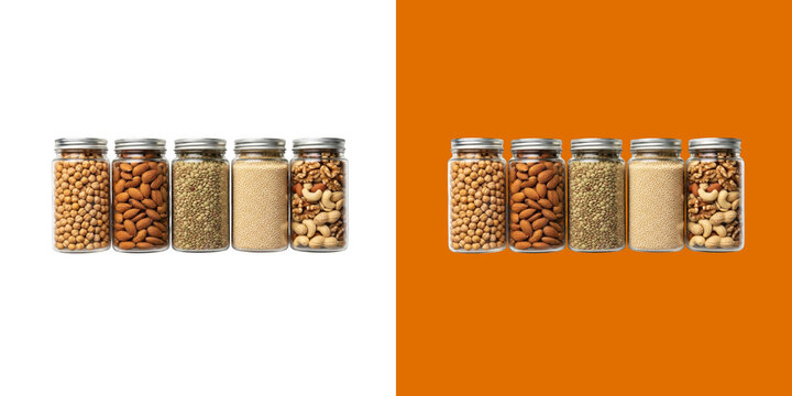 Glass Jars Filled With Various Healthy Nuts And Grains Collection transparent png