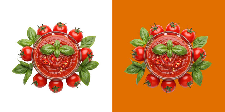 Fresh Tomato Sauce Bowl with Basil Leaves and Chili Pepper Top View transparent png