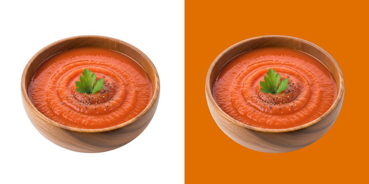 Fresh Tomato Soup in Wooden Bowl Garnished with Green Herbs transparent png