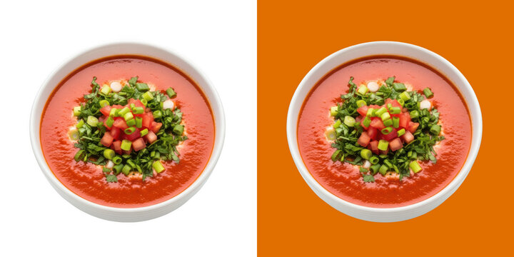 Fresh Tomato Soup in White Bowl with Fresh Garnishes Top View transparent png