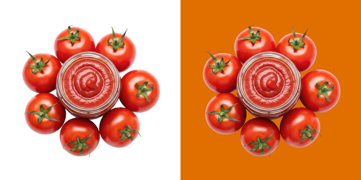 Fresh red tomatoes surrounding a glass jar filled with organic tomato sauce transparent png