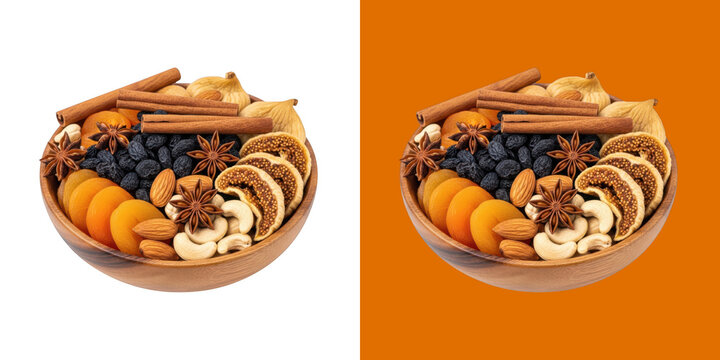 Healthy dried fruits and nuts assortment in a wooden bowl for snacking transparent png
