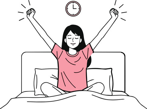 Woman stretching waking up morning bed wellness illustration