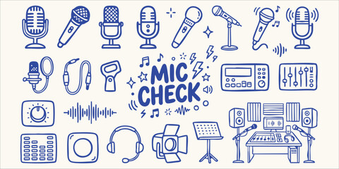 Hand drawn microphone and studio equipment icons with music notes for audio production and broadcasting © Ishtiaq