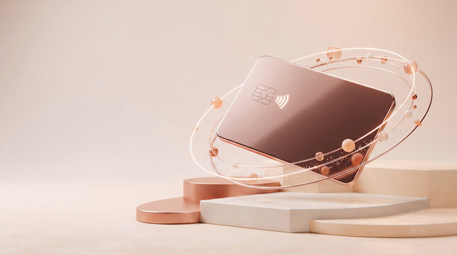 A rose gold credit card rests on geometric platforms with orbiting light spheres a modern financial presentation cardholder chipcard