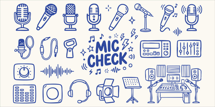 Hand drawn microphone and studio equipment icons with music notes for audio production and broadcasting