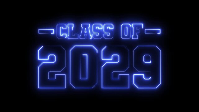 Class Of 2029 neon sign animation, glowing blue graduation typography for school events and commencement celebrations