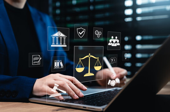 Law Concept. Legal professional or lawyer working at law firm office with icons symbolizing AI law, justice, legal services. Business legislation, notary public, legal advice online, litigation court