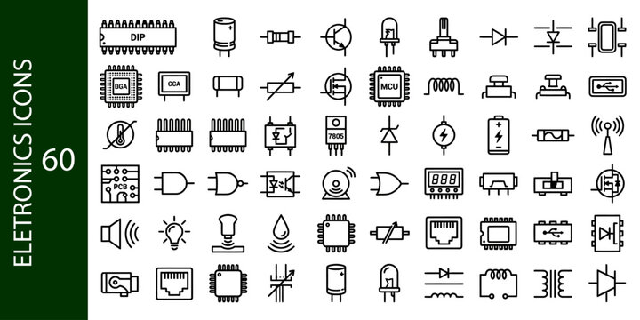 Collection of sixty monochrome flat icons representing various electronic components and circuitry on a white background.