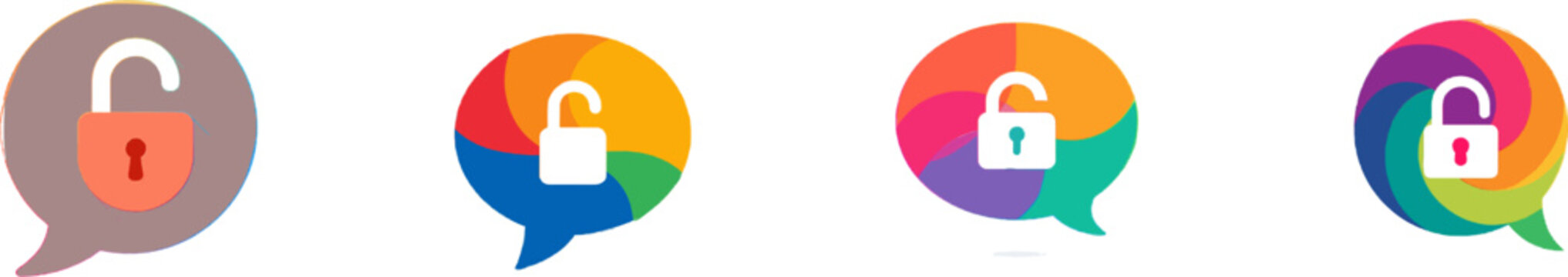 This premium colorful flat vector icon features an open lock symbol within a vibrant speech bubble, showcasing modern UI design elements with exclusive minimalist aesthetics against a pure white