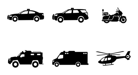 Fototapeta premium Police Vehicle Icons, Law Enforcement Transport Set, Emergency Services Fleet, Black Silhouette Vector Collection