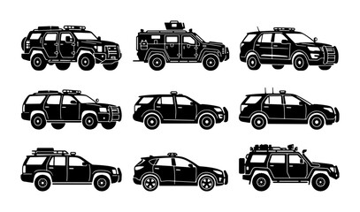 Police SUV Vector Icons, Law Enforcement Vehicle Set, Security Patrol Cars, Black Silhouette Collection © Mondira