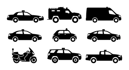 Police Vehicle Icons Set, Law Enforcement Cars, Motorcycle, Van, SUV, Pickup Truck Silhouettes © Mondira