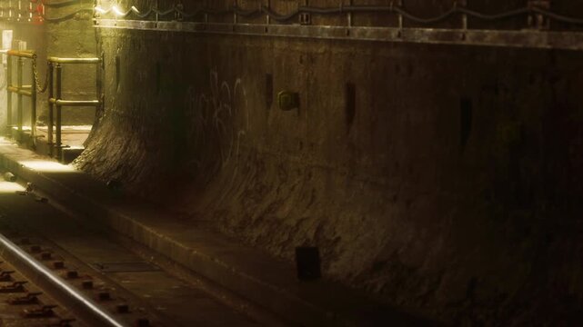 A quiet underground train station shows an empty platform with tracks. Light shines from one end, creating shadows on the walls. No people are present in the area during this time.