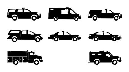 Emergency Vehicle Icons Set: Police, Ambulance, Truck, SUV Silhouettes for Safety and Service Graphics © Mondira