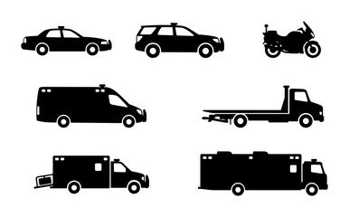 Fototapeta premium Emergency Vehicle Icons Set, Police Car, Ambulance, Tow Truck, Motorcycle Silhouettes