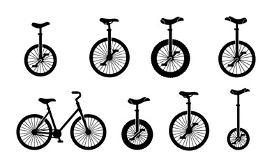 Unicycle Collection, Bicycle Icon Set, Single Wheel Transport, Sport Equipment Vector Graphics © Mondira