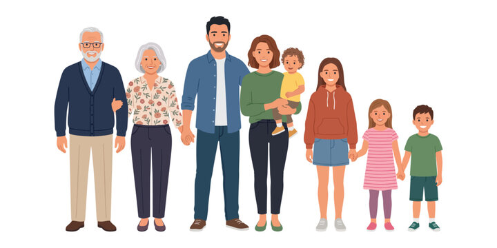 Diverse Multigenerational Family Group Standing Together, Vector Illustration