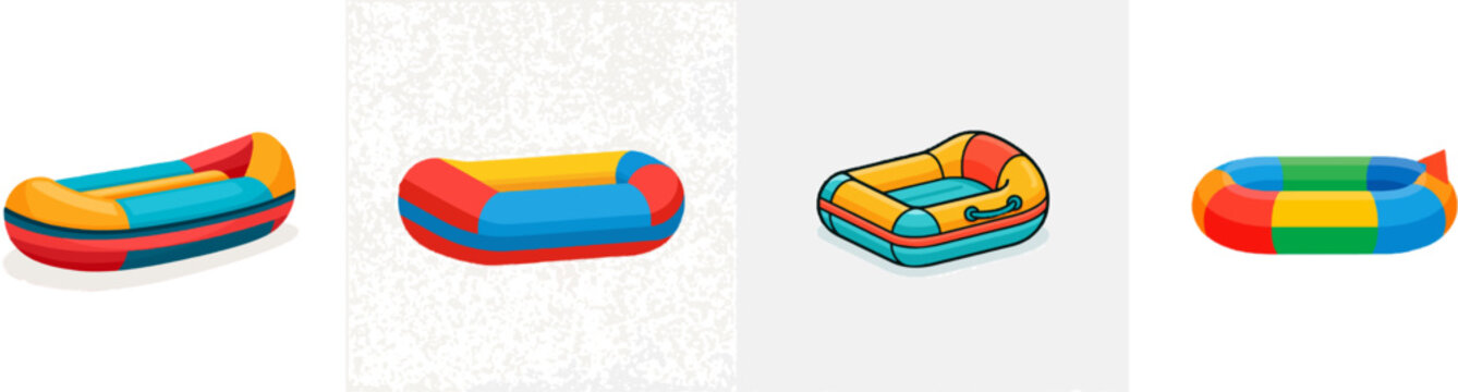 A premium colorful flat vector icon of an inflatable rubber raft boat features vibrant colors and a modern UI style, showcasing exclusive minimalist design against a pure white background