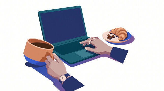 Person using a laptop while holding a coffee cup and pastry  