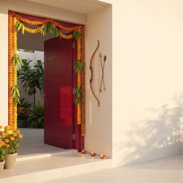 Indian Festival Home Entrance with Marigold Garlands, Diyas, and Archery Decor