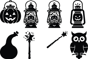 Fototapeta premium Halloween icons including jack o lantern owl magic wand and potion bottle on white background
