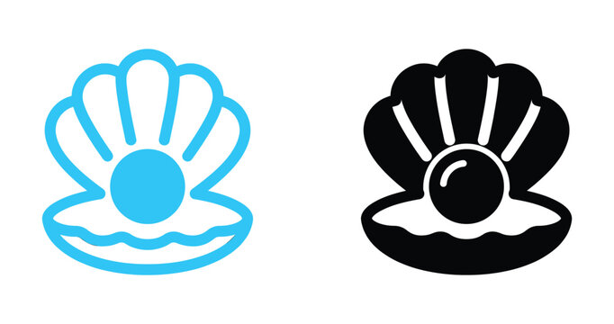 Two stylized oyster shell icons with pearls, one in cyan outline and one in solid black, representing luxury, jewelry, and marine life