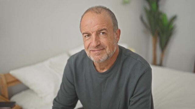 Man sitting on bed smiling with slight head tilt and relaxed posture, looking at camera in building; contentment rest solitude.