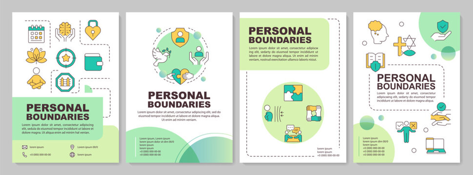 Personal space limits green circle brochure layout. Empowered self care autonomy. Intentional emotional wellness protection. Leaflet advertising design with color line icons. Editable 4 pages