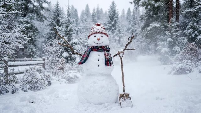 Un mu&ntilde;eco de nieve sonriente con sombrero de copa y bufanda en un paisaje invernal, junto a pinos nevados, bajo una suave ca&iacute;da de nieve.