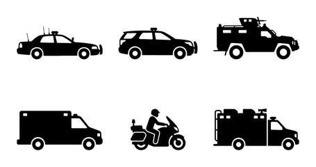 Emergency Vehicle Icons Set: Police Car, Ambulance, Motorcycle, SWAT Truck © Arko
