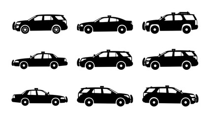 Police Car Icons, Law Enforcement Vehicle Silhouettes, Security Transport Vector Set © Arko