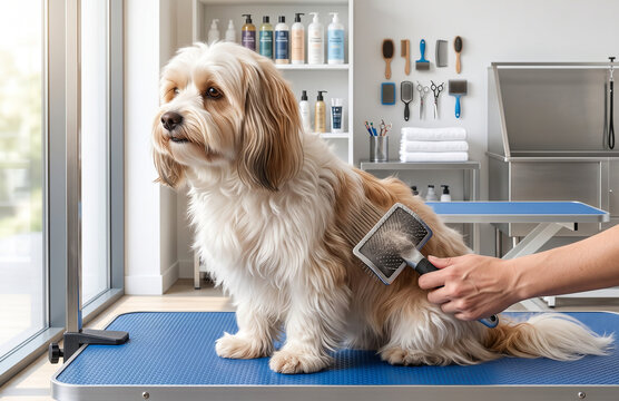 Professional grooming table while a groomer gently brushes the dog's coat with a professional slicker brush
